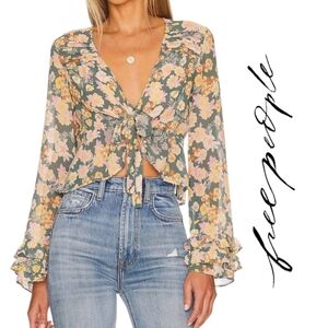 FREE PEOPLE Maybel Blouse in Happy Combo Feminine Ruffle Cuffs Tie Front
